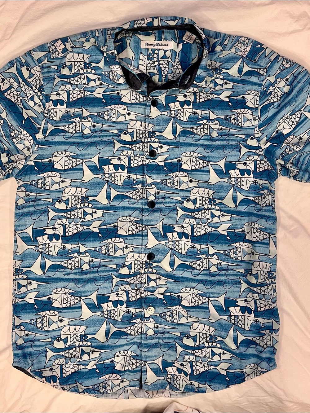 Tommy Bahama Blue & White Fish-Pattern Short Sleeve Button-Up